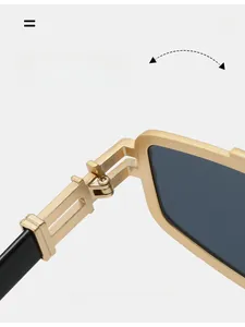 Macro view of durable gold metal hinge structure on vintage punk style sunglasses