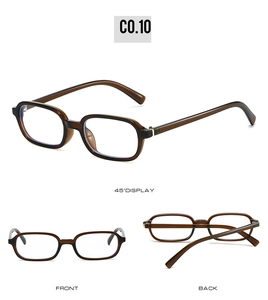 Three-view layout showing front and back of dark brown retro square glasses frame