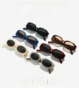 Close-up of retro oval sunglasses in black, blue, and leopard print colors