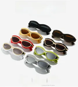 Close-up of retro oval sunglasses in eight vibrant colors with thick frame detail