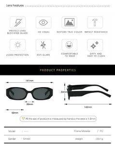 Detailed size chart for rectangular sunglasses showing frame dimensions and PC material