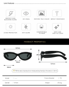 Detailed specs of UV400 polarized sunglasses with 147mm frame width and PC material