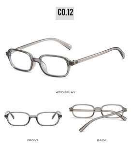 Three-angle view of translucent grey rectangular glasses frames with gold metal hinges