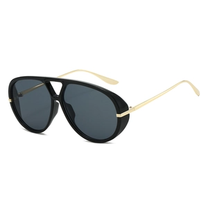 Classic black pilot sunglasses with gold metal temples and dark grey lenses for driving