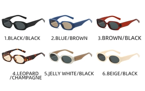 Selection of rectangular sunglasses in six trendy colors displayed on white background
