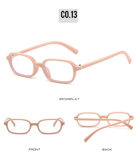 Detailed views of pink rectangular sunglasses showing front, back, and 45-degree angles