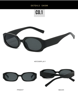 Three-angle view of glossy black oval sunglasses with thick frames and dark gray lenses