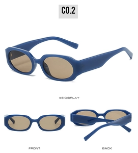 Deep blue rectangle sunglasses with brown lenses showing front and 45-degree side views