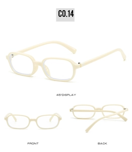 Three views showing front, back and 45-degree angle of cream white small frame glasses