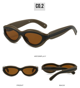 Three perspectives of olive green wavy frame sunglasses showing front and side details