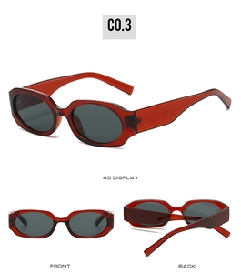 Three-angle view of vintage rectangle sunglasses with translucent dark red frames