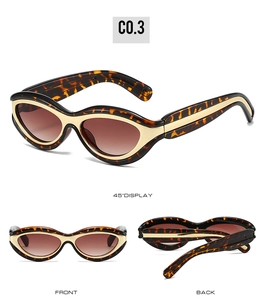 Three-angle views showing tortoiseshell cat-eye frames with gold metal temple accents