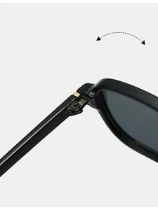 Macro view showing the durable reinforced metal hinge of black rectangle sunglasses