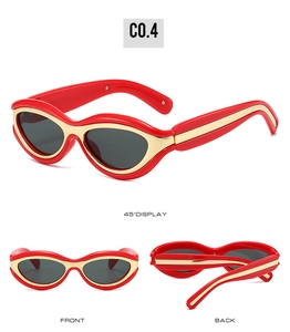 Three views of red oval sunglasses with gold temple accents and gray lenses