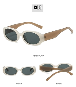 Detailed views of vintage oval sunglasses with cream frames and dark grey lenses