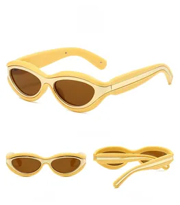 Three-view display of retro oval yellow sunglasses with brown lenses and metal trim