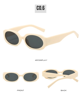 Multiple views of trendy cream oval sunglasses with dark lenses and durable frames