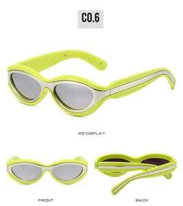 Three-angle views of retro oval sunglasses in bright green with metallic accents