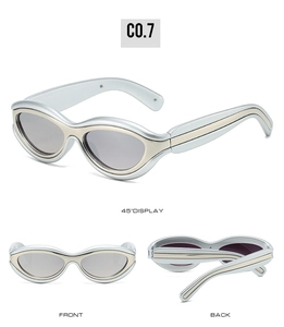 Three-way view of oval cat-eye sunglasses with thick silver metallic frames