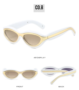 Three-view display of cat-eye sunglasses with white frame and gold metallic stripe accents