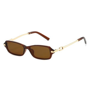 Retro rectangle sunglasses with brown translucent frames and gold metal temples