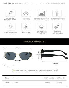 Detailed dimension guide for cat eye sunglasses showing METAL and PC frame measurements