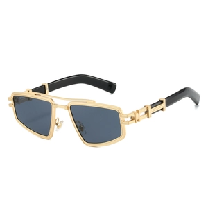 Luxury vintage geometric sunglasses with gold frame and punk industrial double bridge