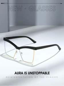 Detail view of retro cat-eye glasses frame with black and gold mixed material design