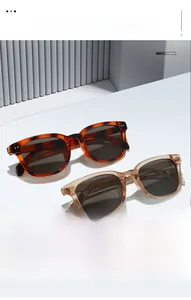 Detail of square oversized sunglasses in tortoiseshell and translucent tea brown finishes