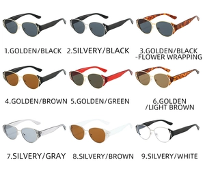 Collection of nine colorful cat eye sunglasses in a variety of frame and lens combinations