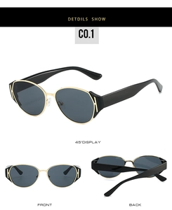 Three-angle view of black cat-eye sunglasses with gold H-shaped metallic accents