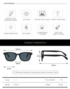 Detailed size chart for square frame sunglasses with PC frame measurements and UV400 info