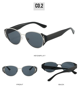 Three-angle views of cat eye sunglasses with silver metal frames and wide black temples