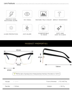 Detailed size guide and technical specifications for square cat-eye anti-blue light glasses