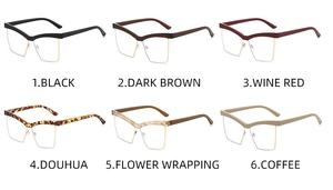 Detailed grid view showing six stylish vintage cat-eye frames in various colors and patterns