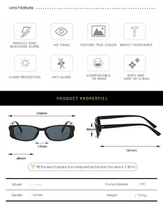 Detailed size chart of vintage small square sunglasses with UV400 PC frame dimensions