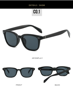 Detailed views of black square sunglasses with gray lenses and silver rivet accents