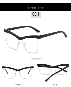 Detailed views of vintage cat-eye square glasses frame in black and gold finish