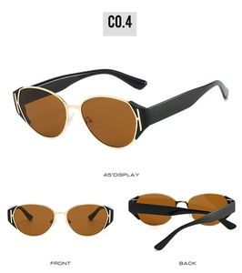 Three views of cat-eye sunglasses with gold H-hinge detail and brown lenses
