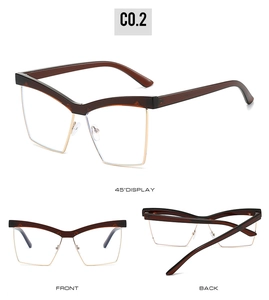 Three-angle views showing cat-eye frame with brown acetate and gold metal details