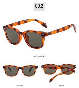 Detail view of tortoiseshell square sunglasses with dark grey lenses in multiple angles