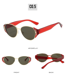 Detailed views of gold frame cat-eye sunglasses with red temples and dark gray lenses