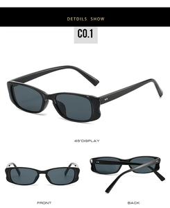 Three-way view of retro small square sunglasses in black with dark grey lenses