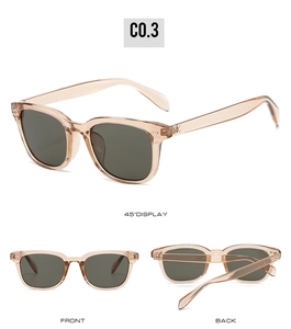 Detail view of square sunglasses with translucent frames and metal hinge rivets