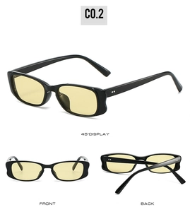 Three-view display of vintage rectangular sunglasses with black frames and yellow lenses