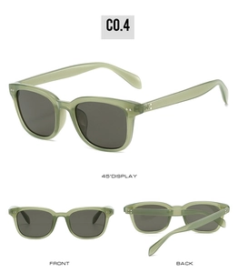 Three views of translucent green square sunglasses with dark grey lenses and dual rivets