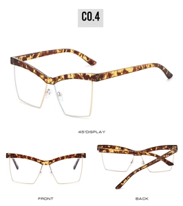 Detailed views of tortoise shell cat-eye glasses with metal half-rim and sleek finish
