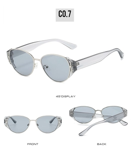 Multiple views of light blue cat eye sunglasses with silver metal and transparent frames