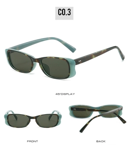 Three-angle views of rectangular tortoise shell sunglasses with blue accents and gray lenses