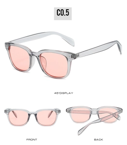 Detailed views of square frame sunglasses with silver rivets and pink tinted lenses